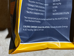 kcal/cup value found on dog food packaging